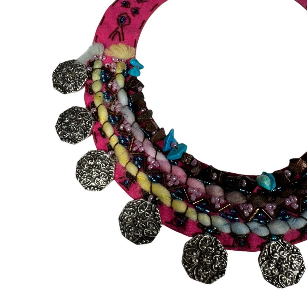 Boho Beaded Fabric Collar Necklace Embellished Coin Multicolor Pink Festival - Picture 3 of 7